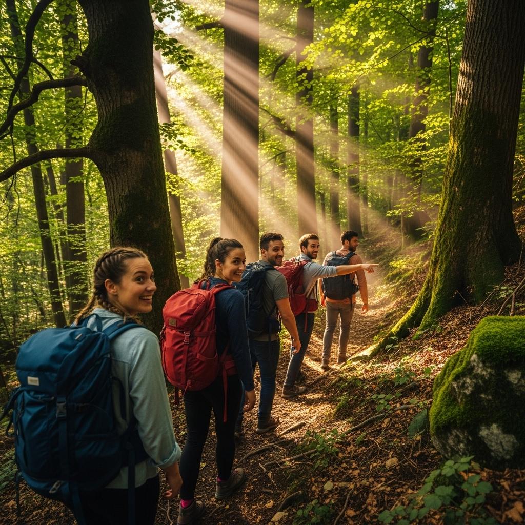 A group of happy campers hiking through a scenic forest trail with backpacks, sunlight streaming through the trees, capturing the joy of outdoor exploration.