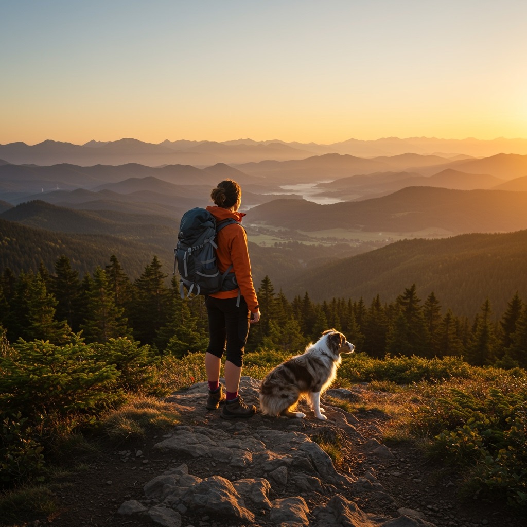 Scenic wide-angle shot of a hiker and their Australian Shepherd standing on a mountain overlook at sunrise, overlooking valleys and forests, symbolizing freedom and adventure with dogs.