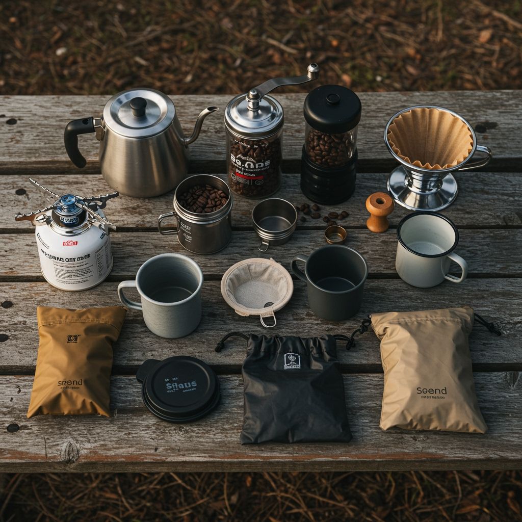 Photorealistic flat-lay of essential camp coffee kit on a weathered picnic table: compact stove with fuel canister, lightweight kettle, hand grinder, whole beans in airtight container, reusable filters, pour-over cone, AeroPress Go, enamel mug, percolator, small dry bag for used grounds; dawn campsite lighting, minimal branding, earthy tones.