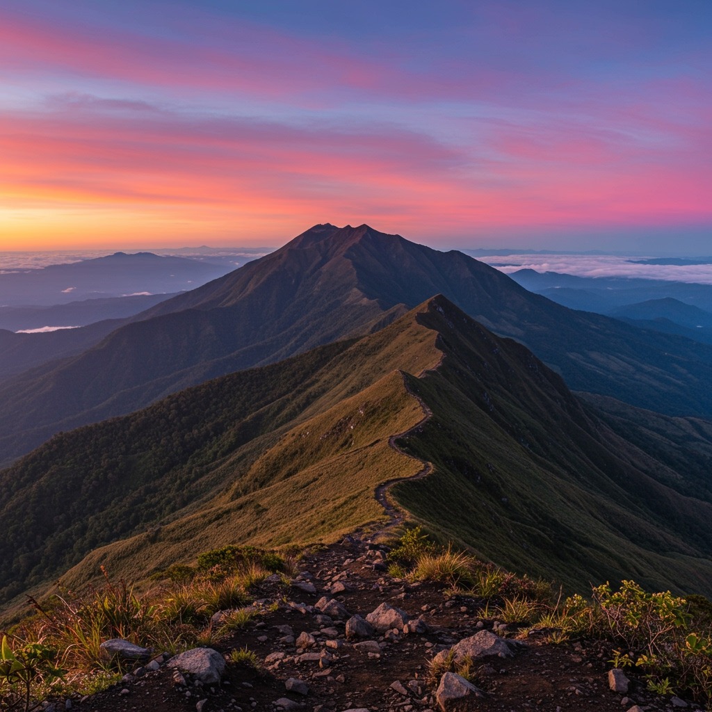 Panoramic landscape from the summit of Cerro Chirripó at sunrise, showing colorful skies, rugged peaks, and views stretching to both the Pacific Ocean and Caribbean Sea.