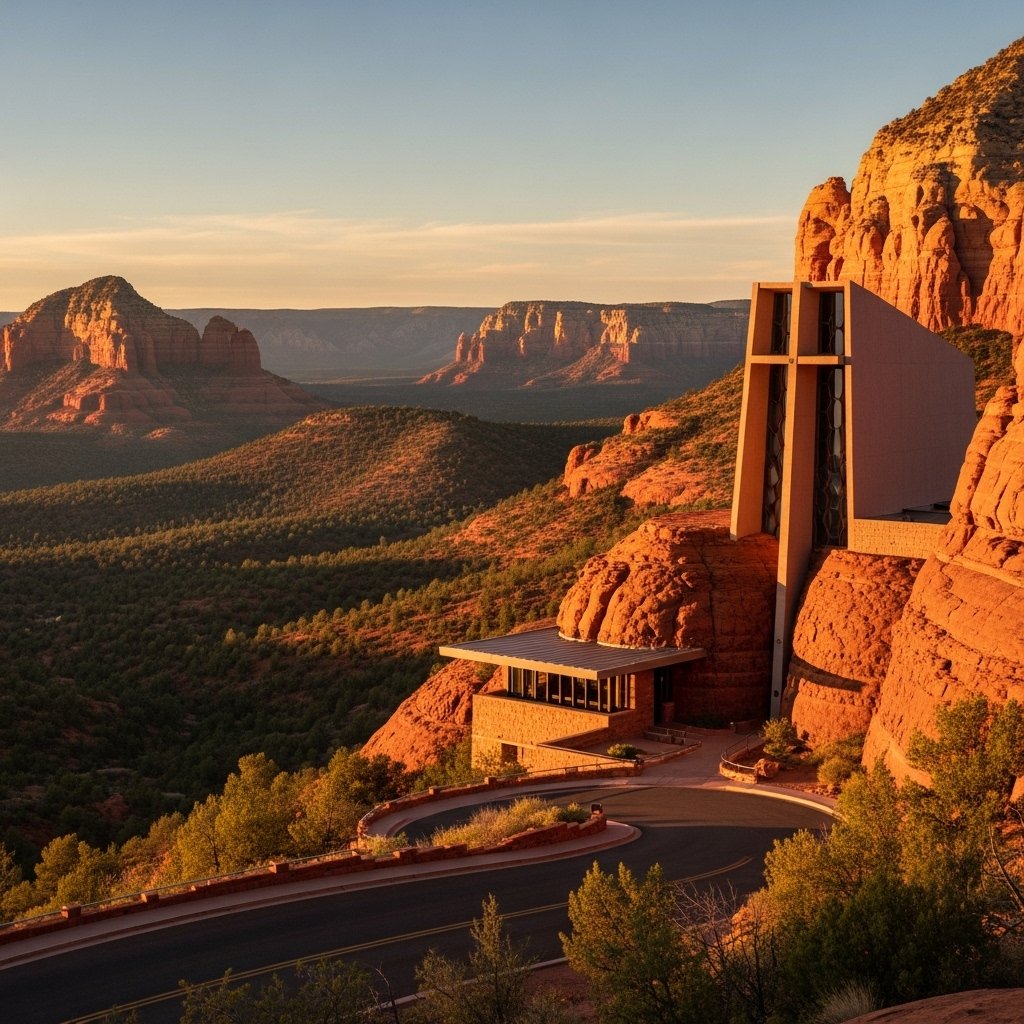 Iconic Chapel of the Holy Cross built into red rock cliff, elevated roadside vantage with paved ramp visible, sweeping vista to red rock formations and distant mesas, soft sunset light, minimalist composition emphasizing modernist architecture, ultrarealistic detail, 35mm architectural lens feel
