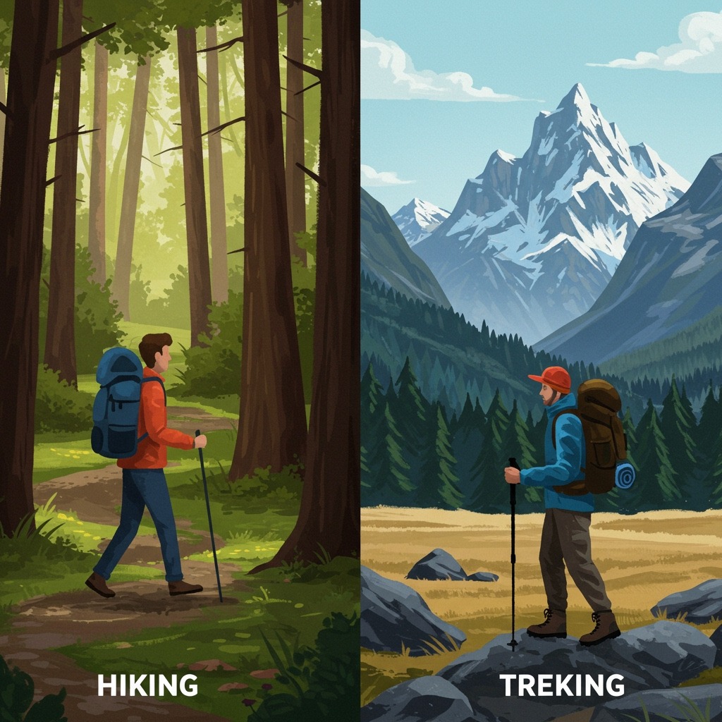 Split-screen infographic-style image: left side shows a casual hiker on an easy forest path, right side shows a trekker with gear in a remote rugged mountain landscape, clear labels 'Hiking' vs 'Trekking' for contrast.