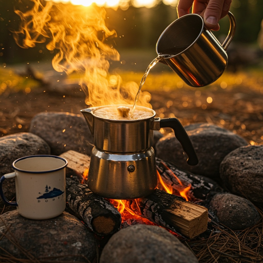 Photorealistic scene of cowboy coffee brewing over a small campfire: metal pot gently steaming, coarse grounds visible as it rests off-heat, hiker’s hand about to pour a splash of cold water to settle grounds; golden morning light, pine needles and rocks around the fire ring, enamel mug nearby.