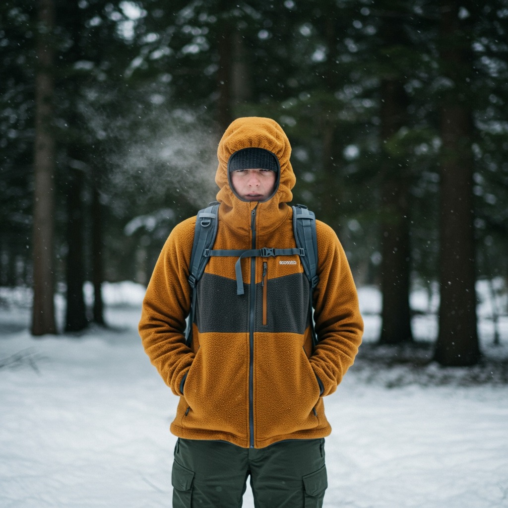 Camper standing in a snowy forest wearing layered cold-weather gear: base layer visible under a fleece jacket, topped with a waterproof shell, steam from their breath in the cold air.