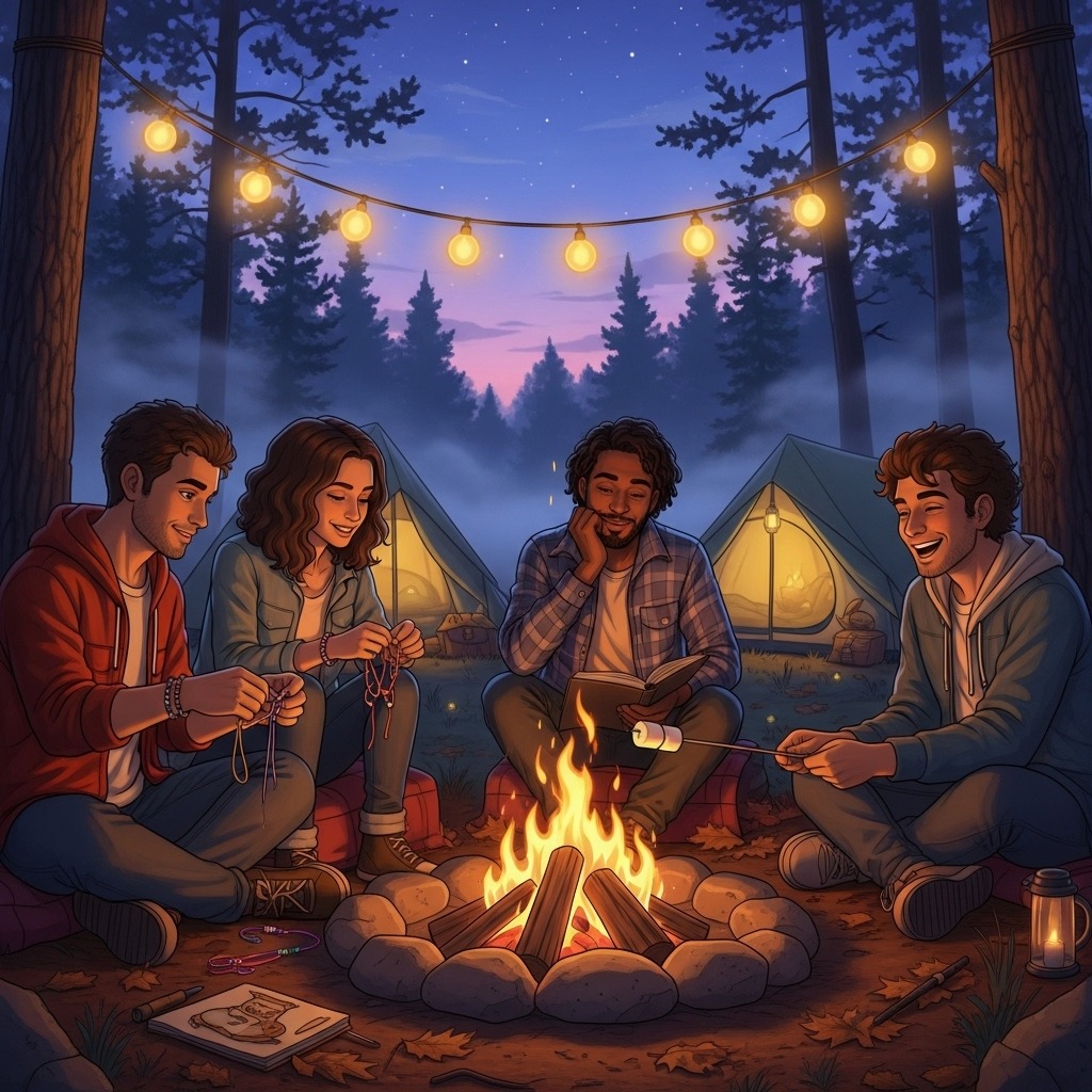 A cozy campsite at dusk with friends making friendship bracelets, sketching in journals, and roasting marshmallows by the campfire, lanterns glowing softly.