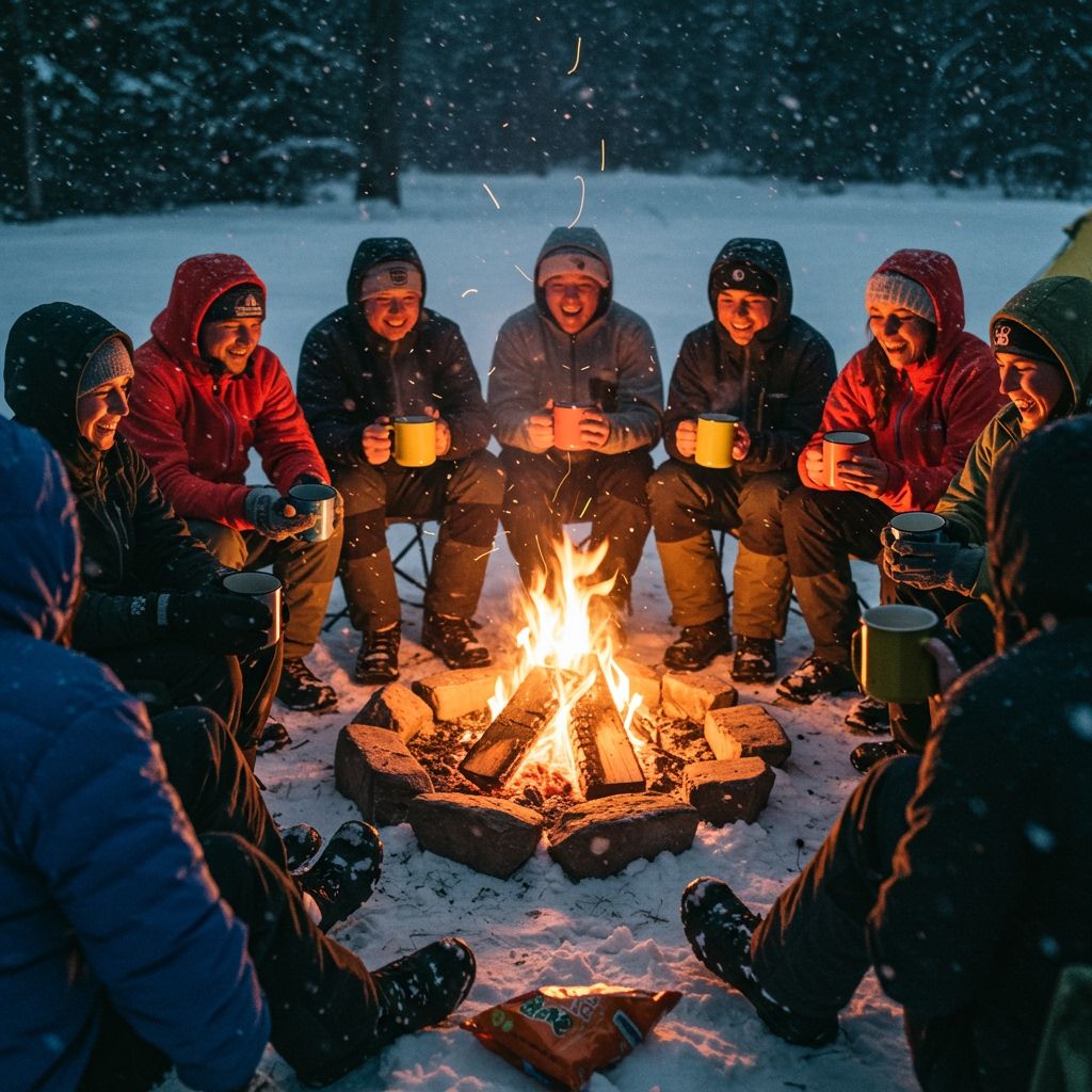 Campers sitting bundled up around a campfire drinking hot drinks from mugs, eating high-energy snacks like nuts and cheese, smiling while snow falls lightly around them.