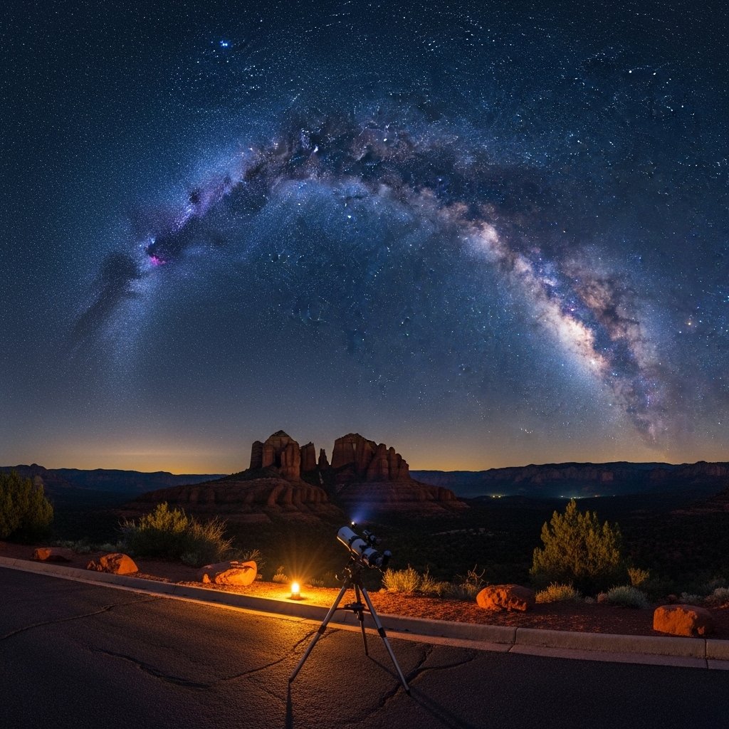 Sedona night sky panorama from an easy-access overlook, Milky Way arch bright over red rock silhouettes, tripod and small telescope set up on paved turnout, low-level warm light for foreground, deep blue-black sky, high-clarity stars, noise-free long exposure aesthetic, 14mm ultra-wide composition