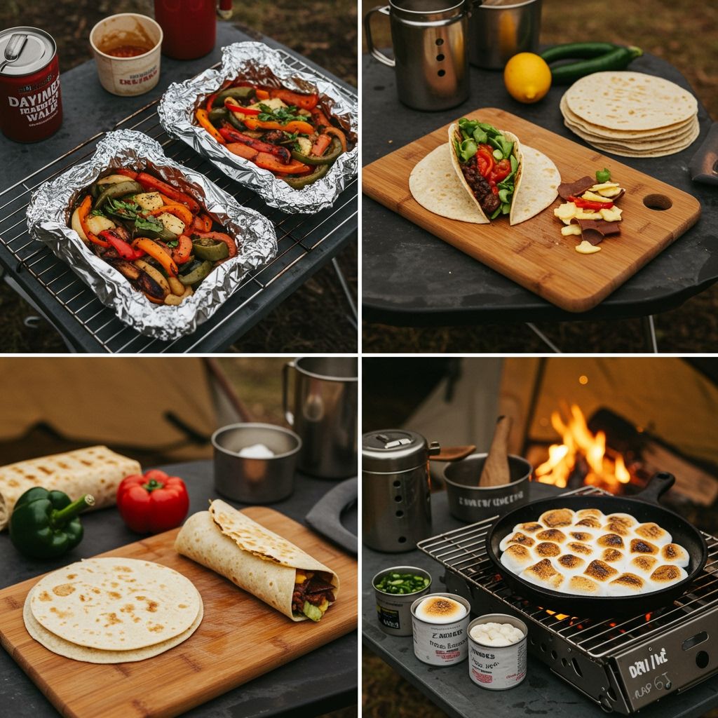 “Four-frame storyboard of elevated but simple camp meals: foil-packet fajitas sizzling on grate, loaded breakfast burrito assembly on cutting board, skillet s’mores with toasted marshmallow swirls, tortillas repurposed for quesadillas; ingredients neatly binned by ‘Day/Meal’ labels; warm campfire light, practical camp-kitchen setup, inviting food styling”