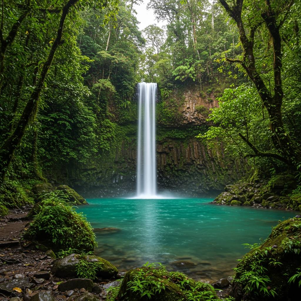 Scenic shot of Rio Celeste waterfall in Tenorio Volcano National Park, with its striking turquoise-blue river surrounded by dense green rainforest and a narrow hiking trail leading toward the falls.