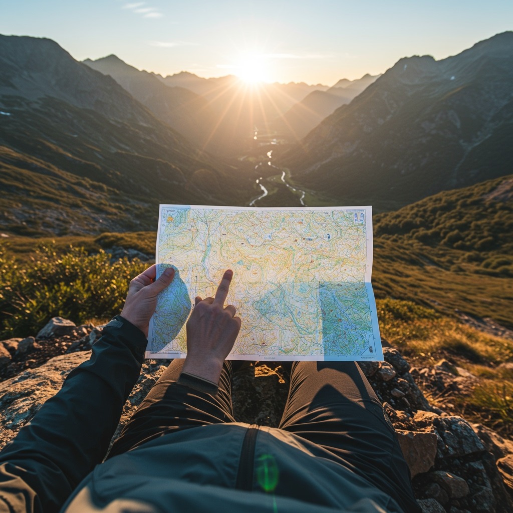 A hiker sitting on a rock holding a topographic map, pointing at contour lines while overlooking a mountain valley. Bright natural daylight, scenic outdoors, blending real terrain with the map details.