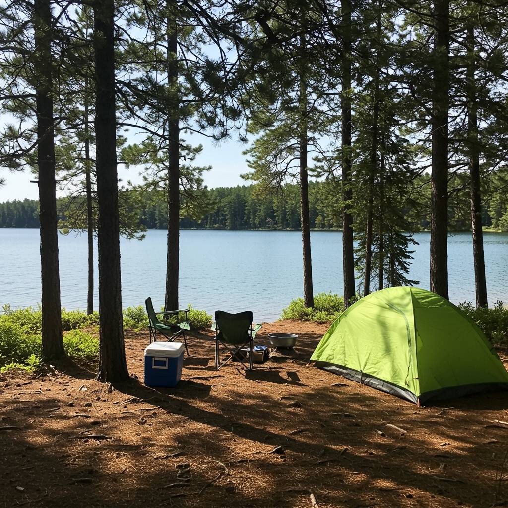 Summer campsite in the shade of tall pine trees with a tent pitched near a lake, cooler and chairs set up, creating a relaxed and refreshing setting.
