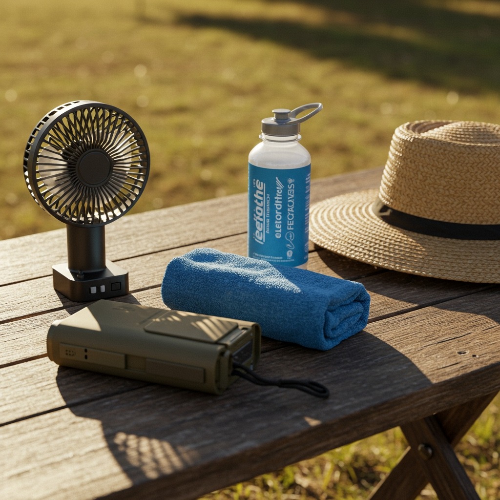 Camping gear flat lay on a picnic table: battery-powered fan, cooling towel, water bottle with electrolytes, and wide-brimmed hat, styled neatly in sunlight.