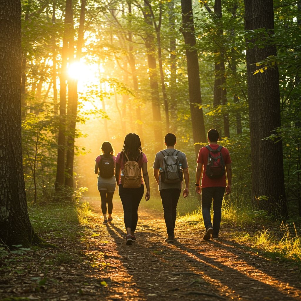 Group of friends hiking on a shaded forest trail early in the morning, golden sunlight shining through the trees, looking energetic and refreshed.