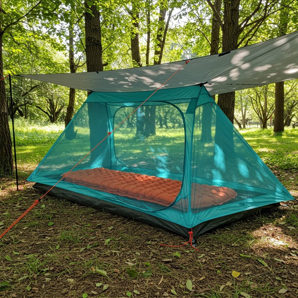 Mesh camping tent pitched under a reflective tarp, sleeping pad inside for airflow, set near trees with dappled sunlight highlighting the cool setup.