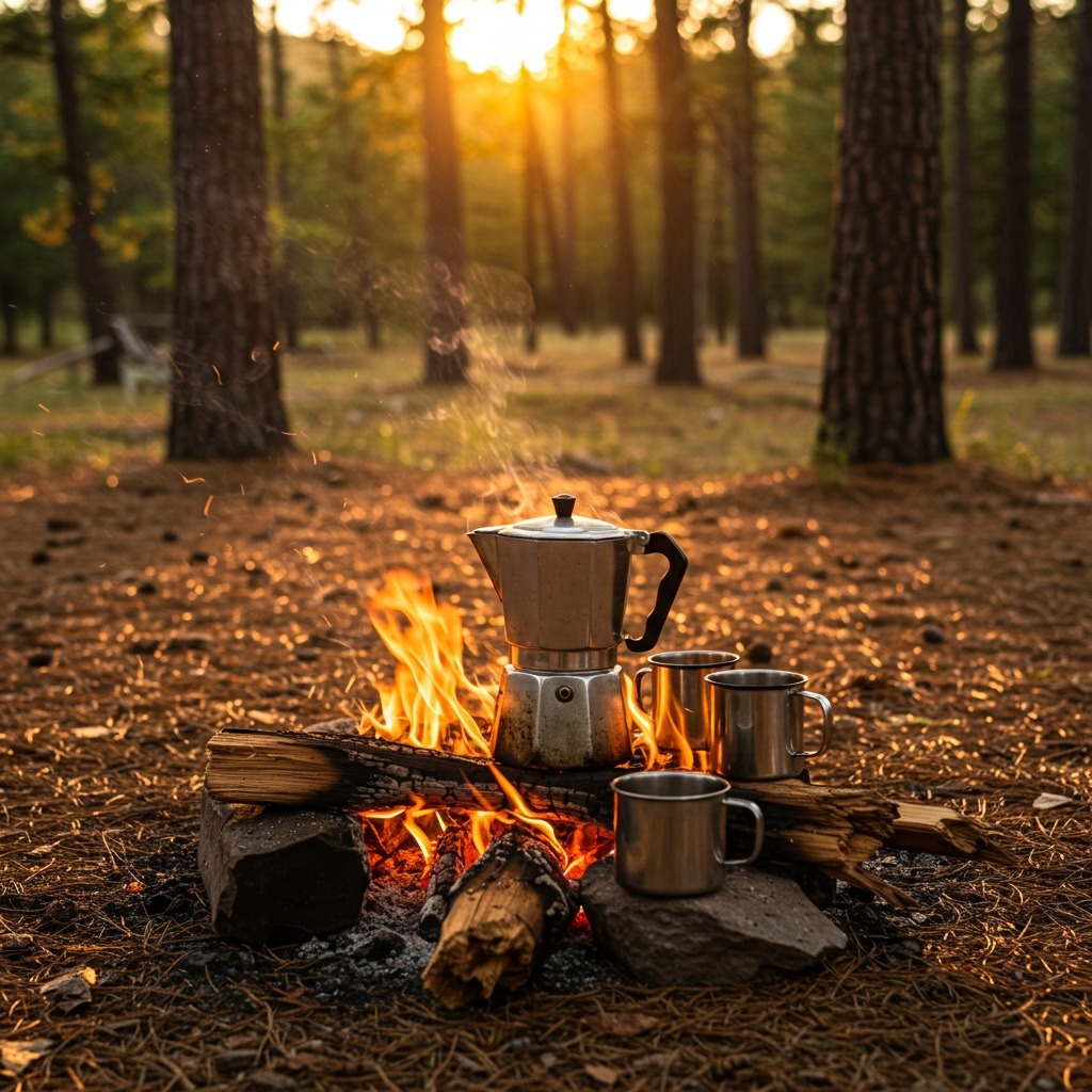 Rustic outdoor scene of a steaming enamel coffee pot on a campfire with tin mugs beside it, set in a forest clearing at sunrise, evoking the cowboy lifestyle.