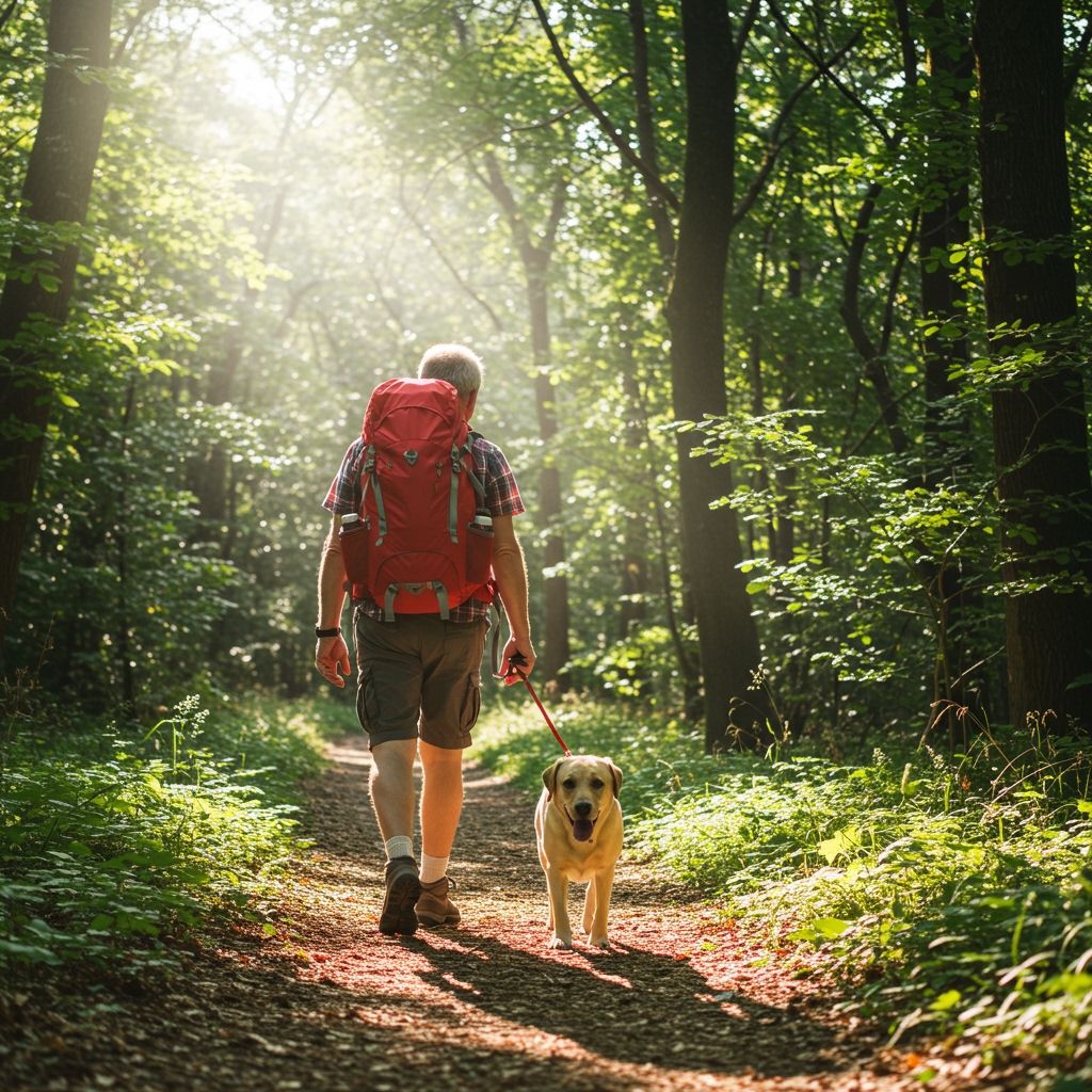Happy hiker with a backpack walking on a forest trail with a loyal Labrador Retriever by their side, sunlight filtering through the trees, showcasing companionship on the trail.