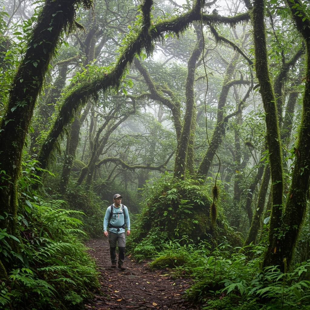 Photorealistic wide shot of a hiker walking along a misty rainforest trail in Costa Rica, with lush green foliage, hanging vines, and sunlight filtering softly through the canopy.