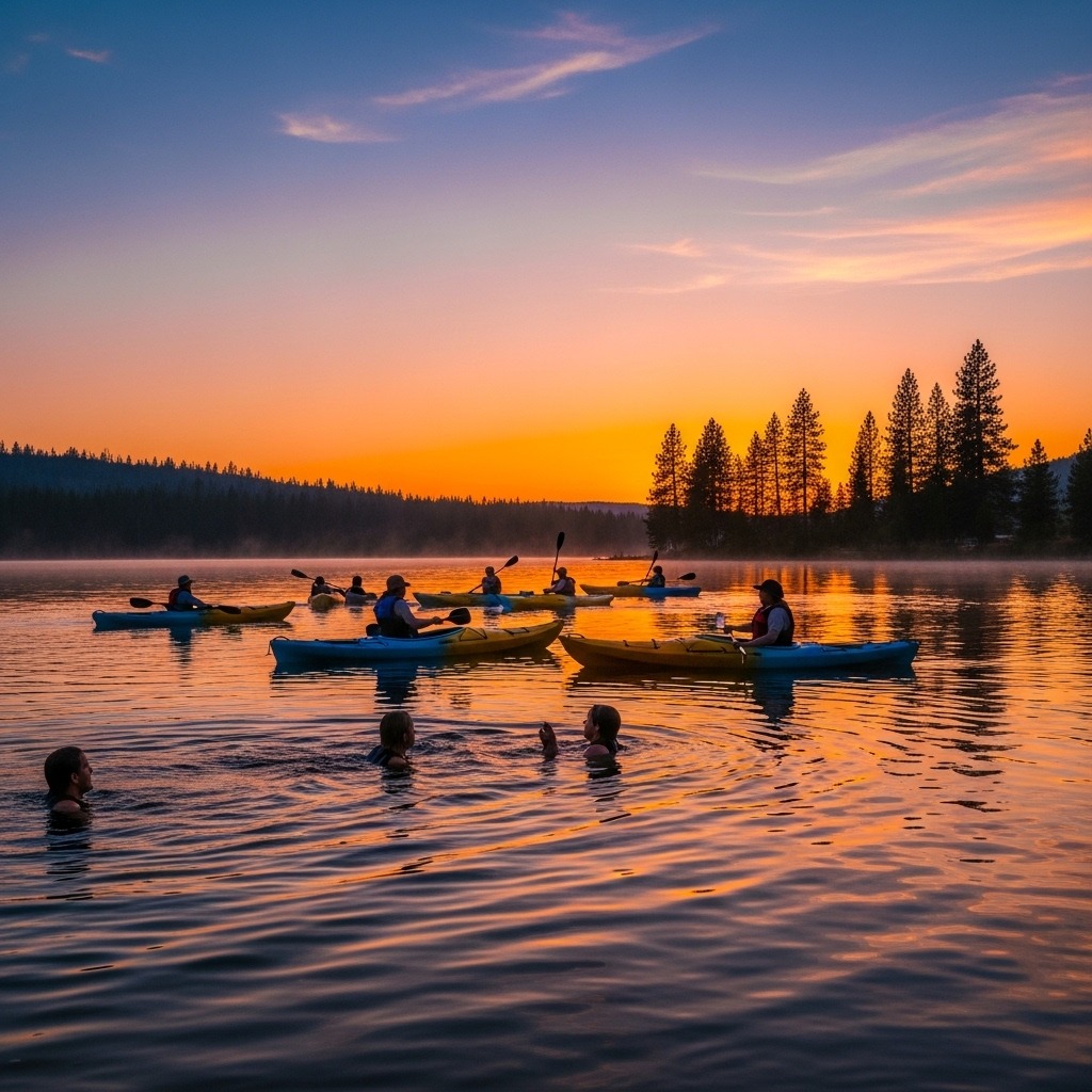 Campers swimming and kayaking on a peaceful lake at sunset, with colorful kayaks, rippling water, and reflections of pine trees in the background.