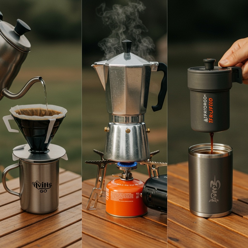 Three side-by-side photorealistic vignettes on the same campsite table: Left—pour-over cone with filter over a mug and a controlled kettle pour; Middle—classic percolator bubbling on a low camp stove with visible glass dome; Right—AeroPress Go being pressed into an insulated mug; consistent lighting and angles for clean comparison.