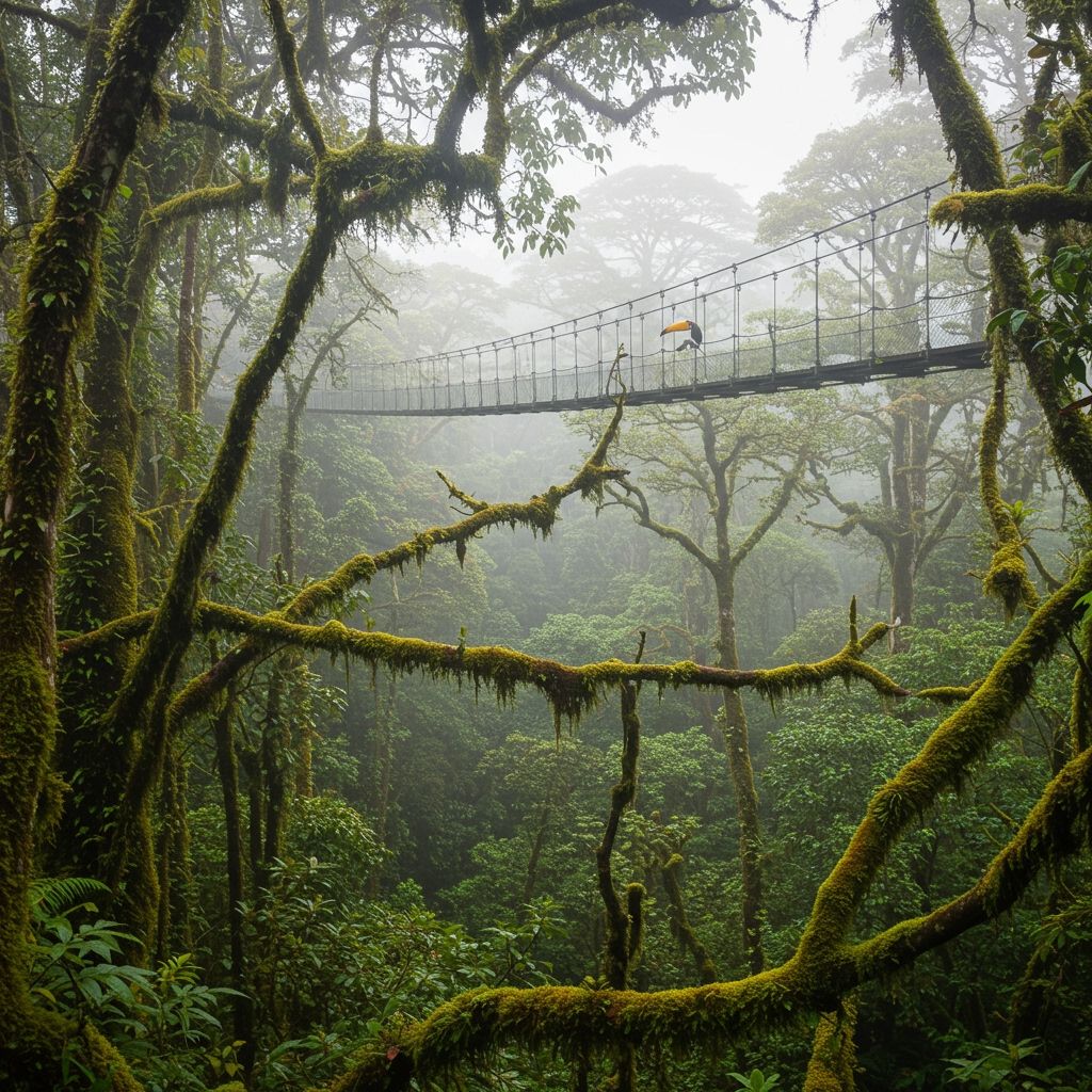 Dreamy view of Monteverde Cloud Forest with suspension bridges above the canopy, mist drifting through moss-covered trees, and a toucan perched on a branch—evoking the mystical atmosphere of Costa Rica’s cloud forests.