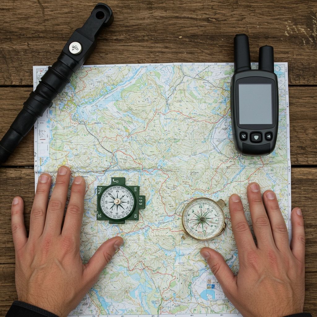 Top-down photo of a hiker’s hands with a map, compass, and GPS device spread out on a wooden surface. The topographic map shows rivers, trails, and contour lines, symbolizing real navigation planning.