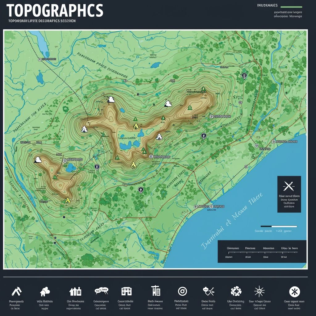 Clean infographic showing color-coded features of a topographic map: green for forests, blue for rivers/lakes, brown contour lines for elevation, black for roads/buildings. Icons and simplified legend included.