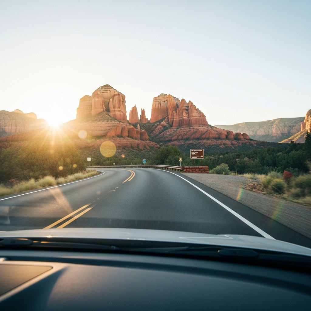 Golden-hour drive along Sedona’s Red Rock Scenic Byway (SR 179), low-angle car interior POV framing Bell Rock and Cathedral Rock through the windshield, warm raking light on red sandstone, gentle lens flare, crisp road markings, subtle interpretive sign pullout ahead, photorealistic, 24mm wide landscape composition, natural color grading