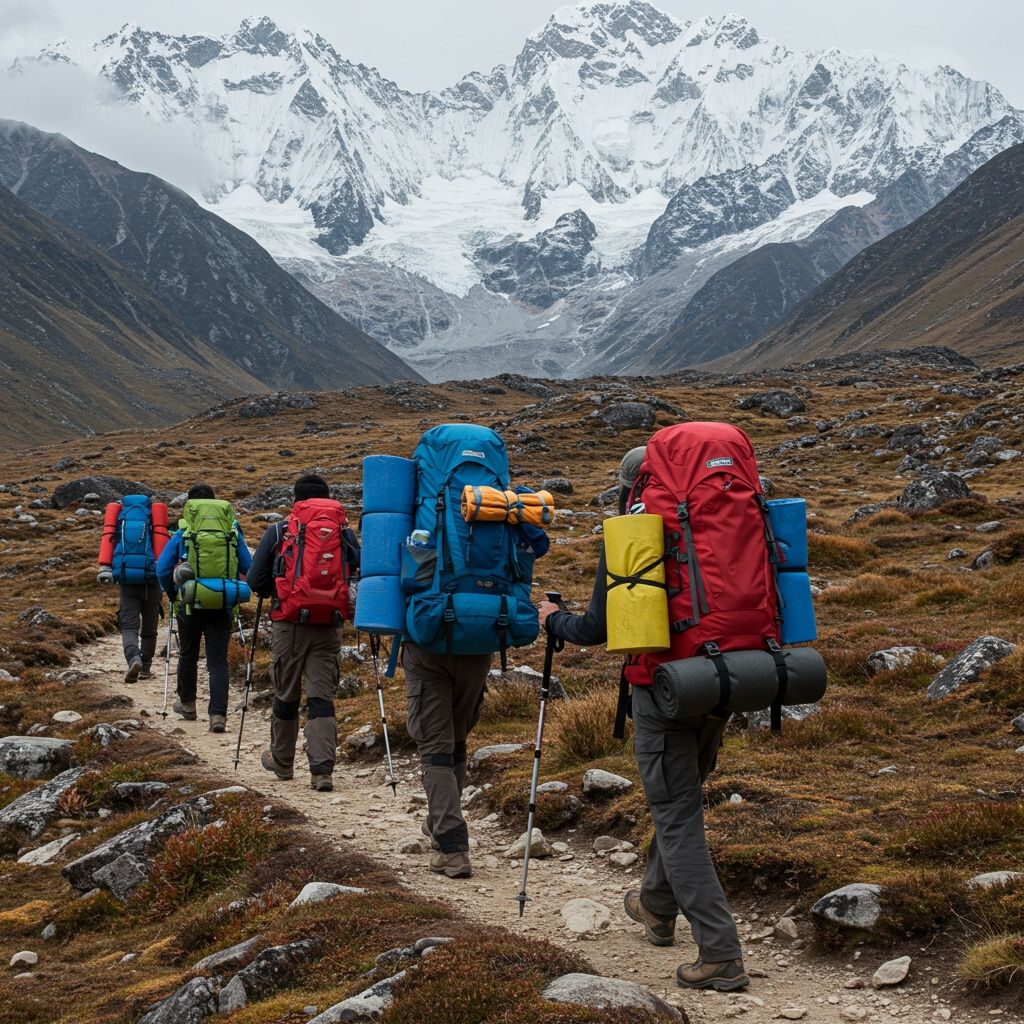 Trekking group with heavy backpacks, trekking poles, and tents strapped on, making their way through a rugged high-altitude trail in remote wilderness with snow-capped peaks in the distance.