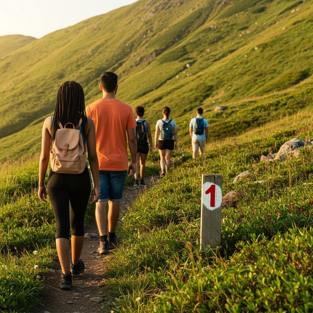 A group of friends walking along a marked mountain trail surrounded by lush greenery, carrying light daypacks, bright sunny weather, leisure hiking vibe.