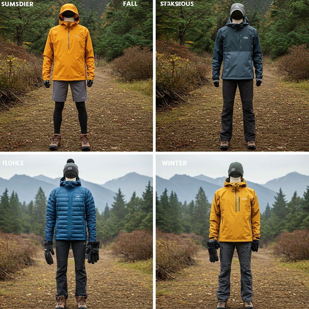 Four-panel photorealistic grid showing camping outfits by season on mannequins outdoors: Summer (sun hoodie, quick-dry shorts, trail shoes, sun hat), Fall (long-sleeve base, fleece, hiking pants, waterproof shell), Winter (thermal base, down jacket, insulated shell pants, beanie, insulated boots, gloves), Spring (merino tee, light fleece, packable rain shell, wind-resistant pants); consistent angle and natural trail backdrop.