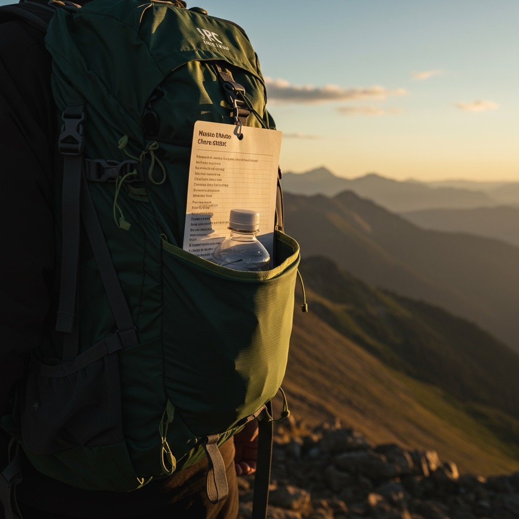 Photorealistic scene of a hiker at a breezy summit with panoramic mountains, daypack open showing visible water bottle pocket empty and checklist card clipped to shoulder strap; golden-hour light, subtle humorous tension (beautiful view, missing water), crisp details, realistic fabrics and dust on pack.