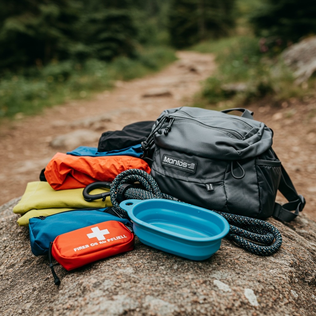 Close-up of hiking essentials for a dog on the trail: collapsible water bowl, leash, dog backpack with gear, and first aid kit laid out on a rock, with a trail in the background.