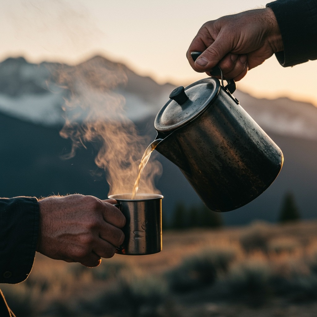 Close-up of hands pouring cowboy coffee from a rugged pot into a tin cup, steam rising in the cool morning air, mountains blurred in the background.