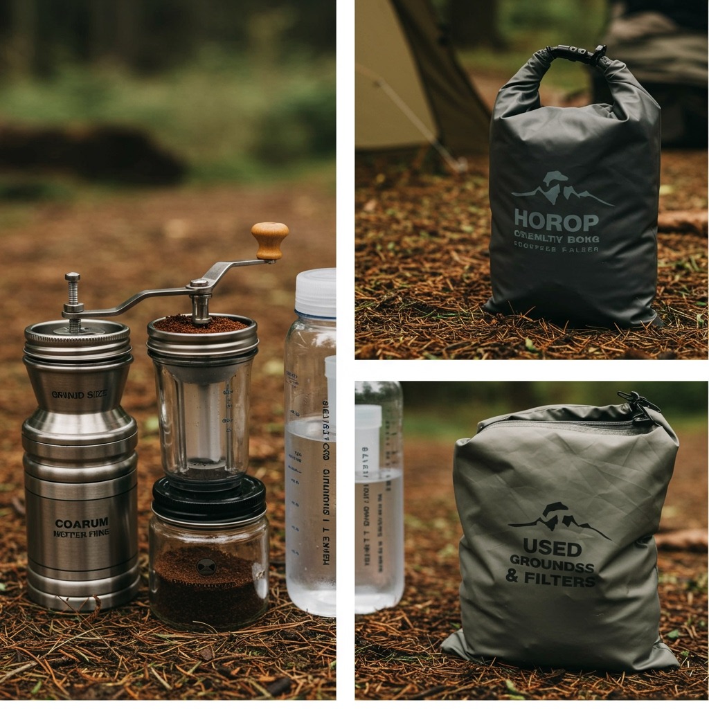 Photorealistic triptych: Panel 1—hand grinder adjusting for grind size with labeled jars ‘coarse’ and ‘medium-fine’; Panel 2—clear bottle with in-line water filter next to kettle labeled ‘filtered water’; Panel 3—zip-top bag labeled ‘used grounds & filters’ placed in a small dry sack; natural campsite lighting, clear, instructional composition.