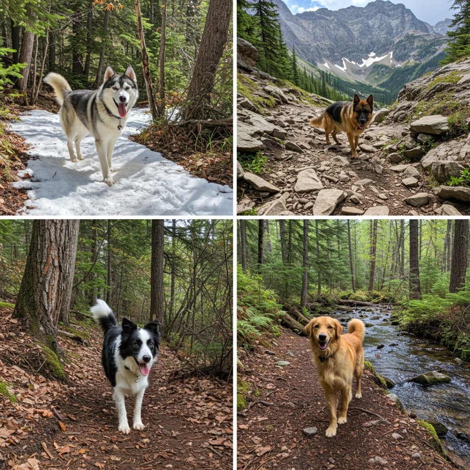 Collage of different dog breeds on trails: husky in the snow, German shepherd on a rocky mountain path, border collie running ahead on a forest trail, and golden retriever near a stream, highlighting diverse hiking companions.
