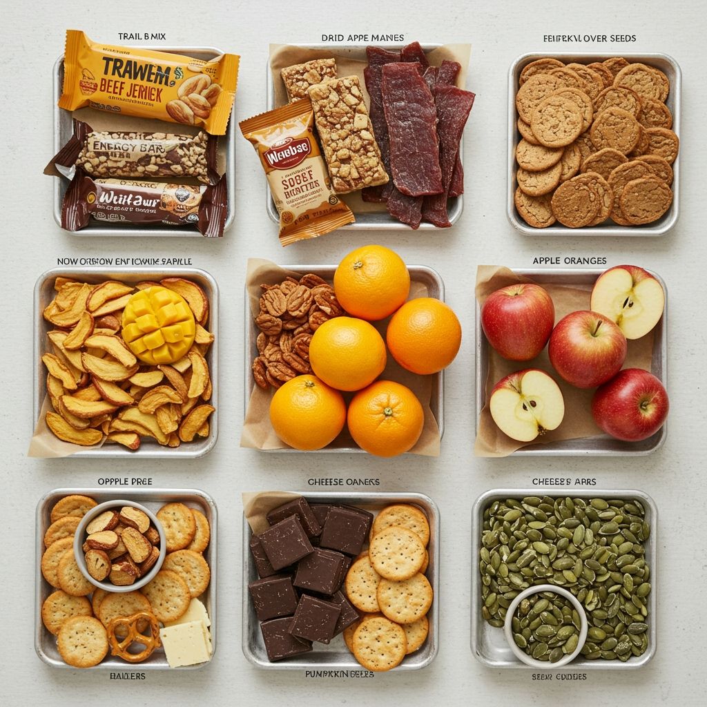 Bright, editorial food grid of the top 10 hiking snacks arranged neatly in a 5x2 layout on parchment-lined trays: trail mix, energy bars, dried mango/apple, beef jerky, nut butter packets, apples/oranges, cheese sticks, crackers/pretzels, 70% dark chocolate squares, pumpkin/sunflower seeds; close-up macro texture, consistent side lighting, light color backdrop, subtle labels near each item, crisp, high-contrast detail