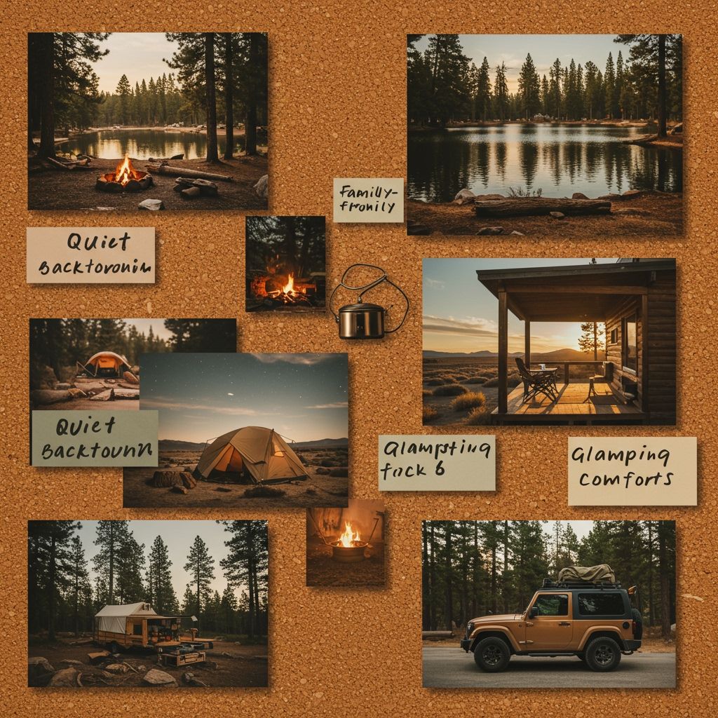 “Aesthetic collage-style mood board for camping styles: images and textures of pine forests, lakeside fire ring at dusk, desert campsite under stars, cozy cabin porch, minimalist car-camping setup; include small sticky-note labels like ‘quiet backcountry,’ ‘family-friendly,’ ‘glamping comforts’; warm film look, soft grain, natural tones, clean layout on cork board background”