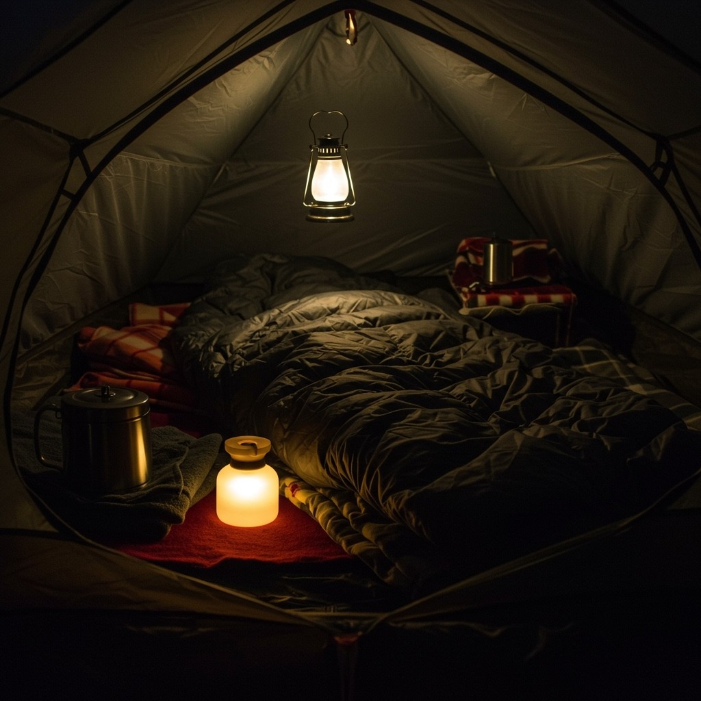 Cozy tent interior at night with a camper tucked into a down sleeping bag, fleece blankets layered inside, and a glowing hot water bottle at the foot of the bag, lantern casting a warm light.