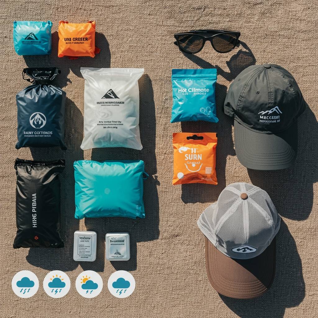 Side-by-side photorealistic micro-kits: Rainy Conditions kit (packable rain shell, dry bags, pack liner, cap), Hot Climate kit (electrolyte tablets, breathable sun hoodie, lightweight mesh hat, sunglasses); placed on textured groundcloth, clear weather icons, soft natural light.