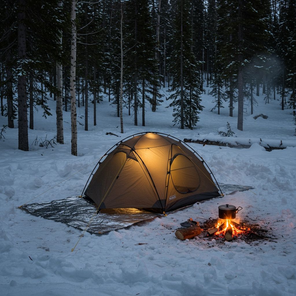 Snow-covered campsite with a four-season tent pitched on a reflective groundsheet, surrounded by trees blocking wind, small campfire nearby giving off a warm glow, steam rising from a cooking pot.