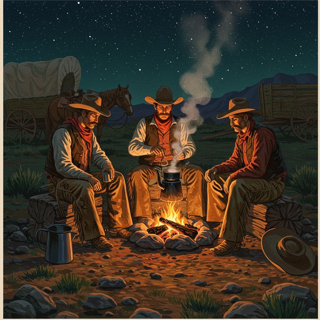Vintage-style illustration of cowboys sitting around a campfire brewing coffee in an enamel pot, horses in the background, showcasing the tradition of cowboy coffee.