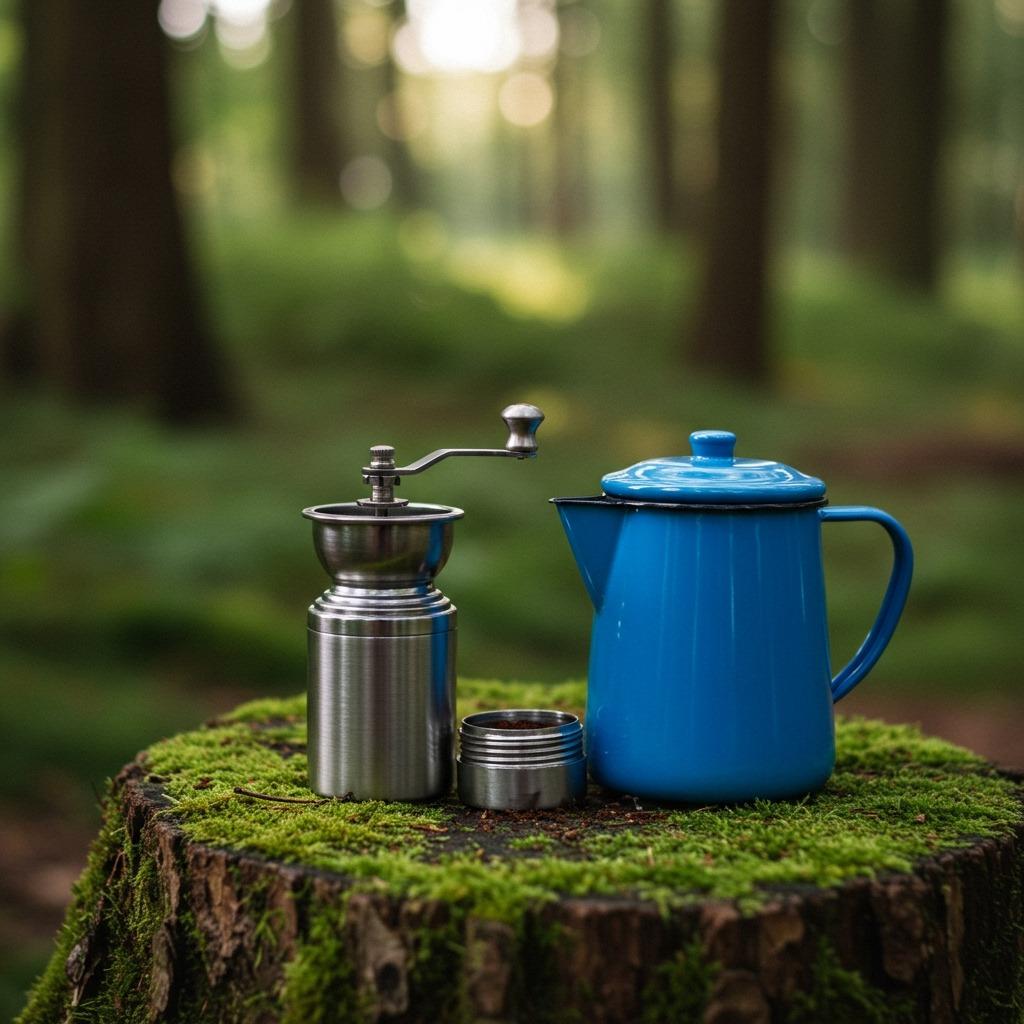 A compact manual burr grinder and enamel jug sitting on a mossy tree trunk, blurred forest backdrop \u2014 natural, inviting, outdoor adventure mood