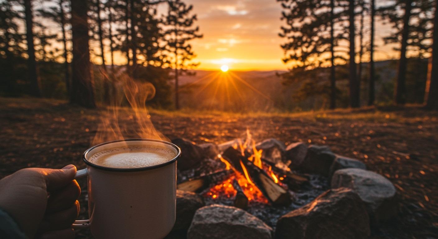 A cozy campfire scene at dawn, an enamel mug of creamy coffee steaming in the foreground, pine trees silhouetted against a rising sun — realistic, warm, inviting