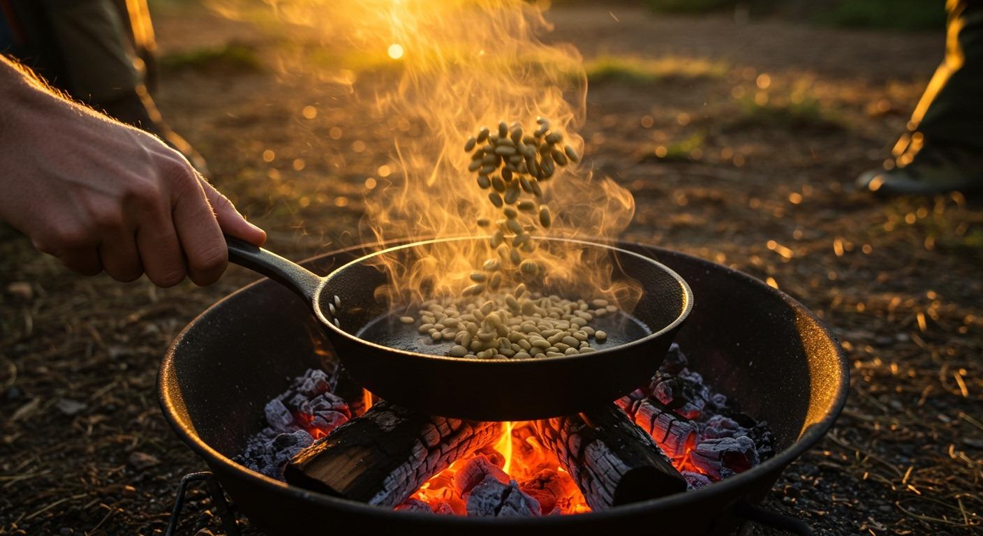 A rustic campsite at golden hour, with a hiker swirling green coffee beans in a cast iron skillet over an open fire — realistic, glowing coals, natural light, steam rising from the pan