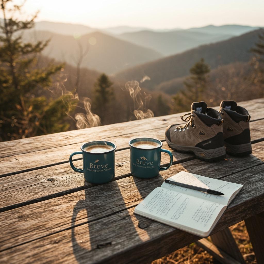 A rustic wood picnic table at a mountain overlook, two enamel mugs of breve coffee, hiking boots, and a journal scattered around — inspirational, lived-in, dreamy