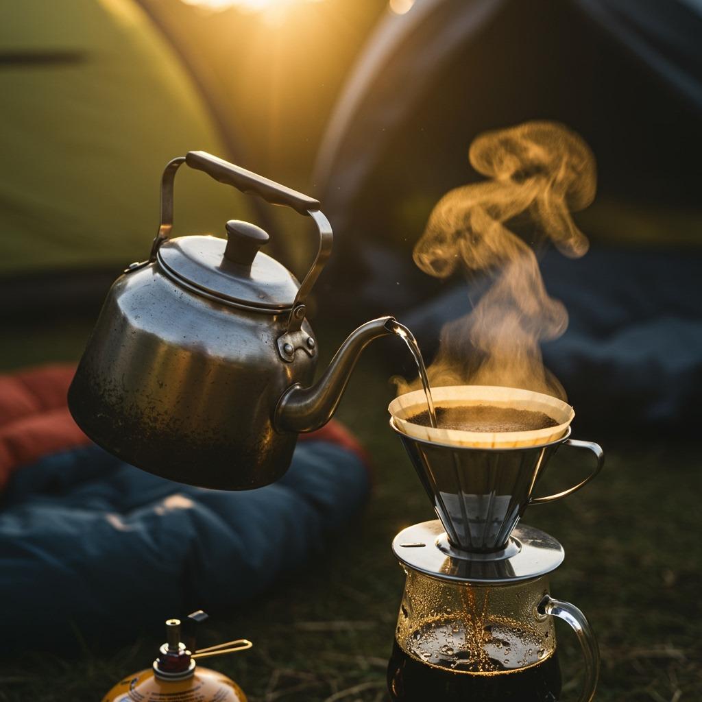 A weathered camping kettle pouring hot water over coffee grounds in a metal pour-over filter, steam rising in golden morning light with tent and sleeping bag in soft background focus — realistic outdoor photography style