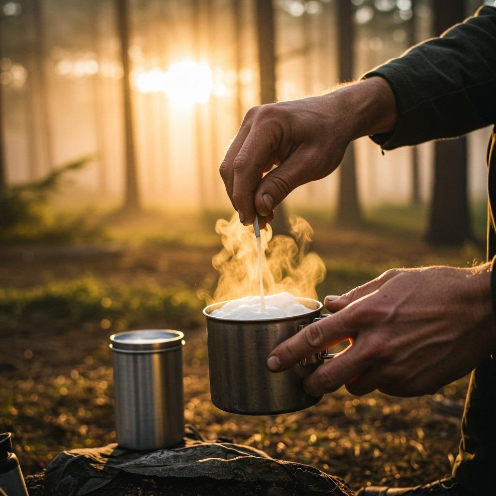 Camper’s hands frothing half-and-half in a small tin pot, sunbeams dancing through a misty pine forest in the background — natural, bright, authentic