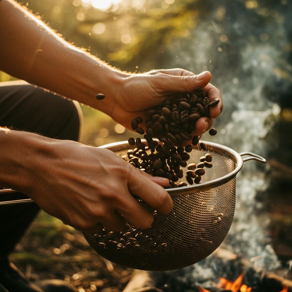 Close-up of hands cooling freshly roasted coffee beans in a metal colander at a rustic campsite, sunlight dappling through pine branches, smoke curling in the background