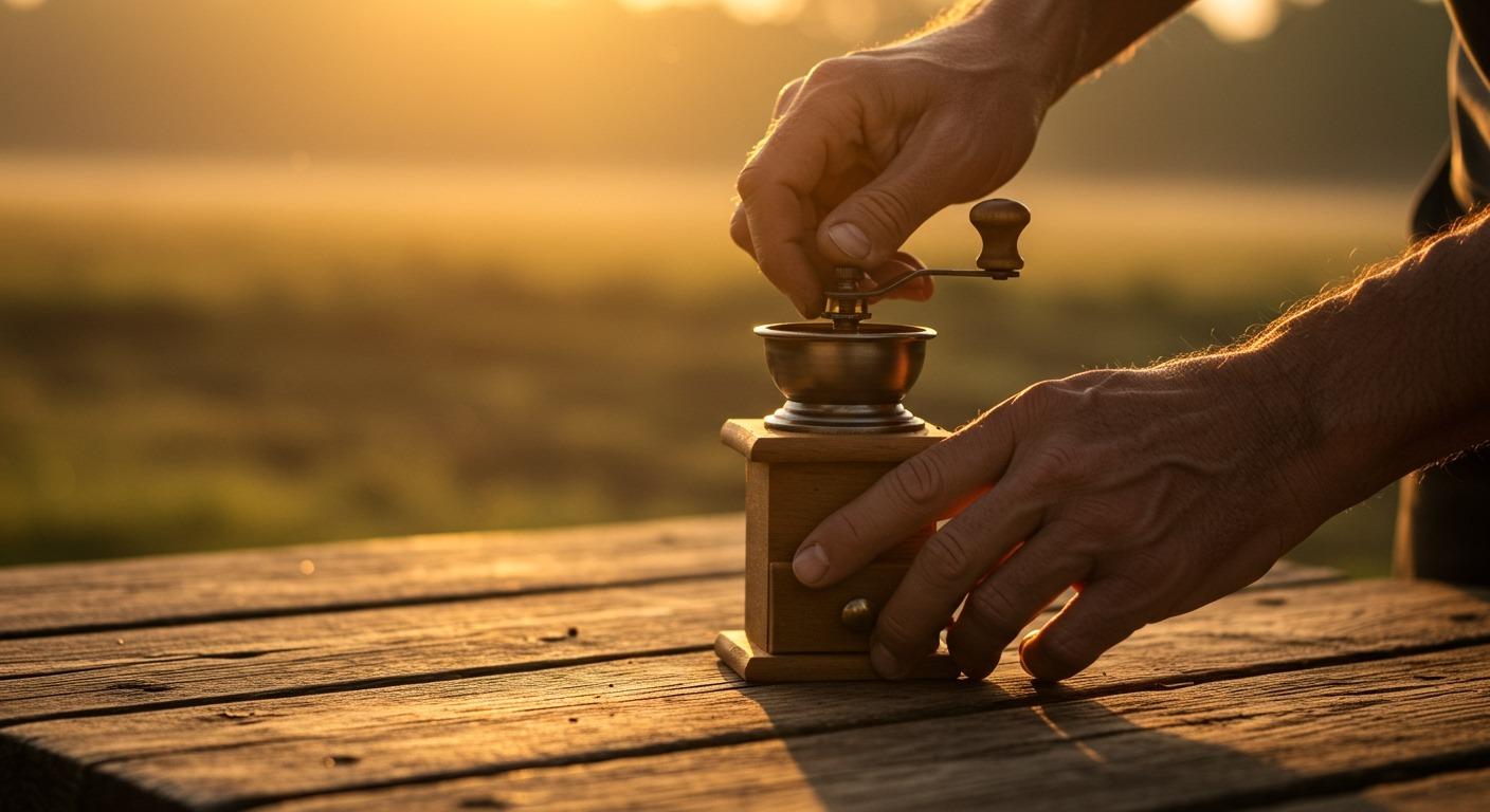 Close-up of hands using a rugged manual coffee grinder on a wooden picnic table outdoors \u2014 naturally lit, crisp detail, hint of sunrise warmth
