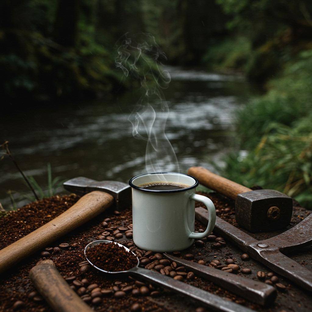 Enamel mug, fresh coffee steaming beside a river, scattered whole and crushed coffee beans, rugged hand tools visible \u2014 moody, natural composition